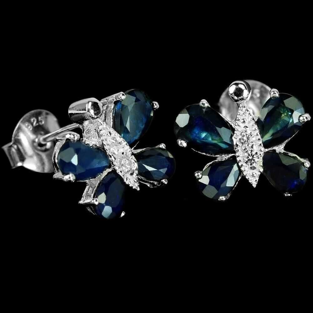 Серебряные серьги -бабочки с синим сапфиром 925 пробы