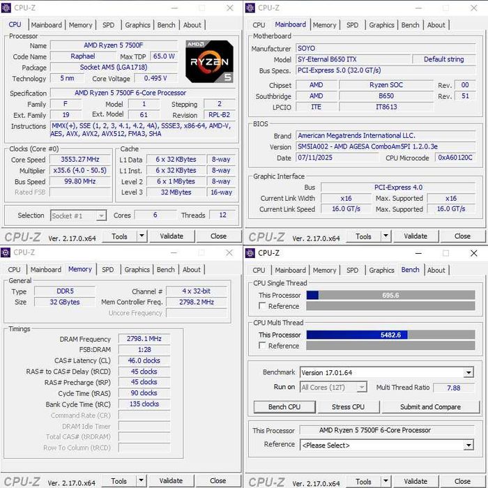AMD Ryzen 5 7500F+B650 Материнська плата+32 DDR5 Mini ITX Комплект AM5