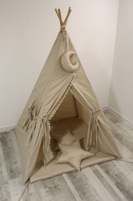 TIPI namiot wigwam beż, pomponiki