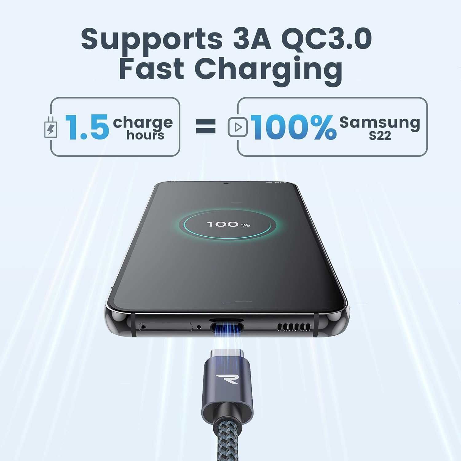 Rampow kabel pleciony mocny USB - USB-C QC3.0 5V 3A + data 2m