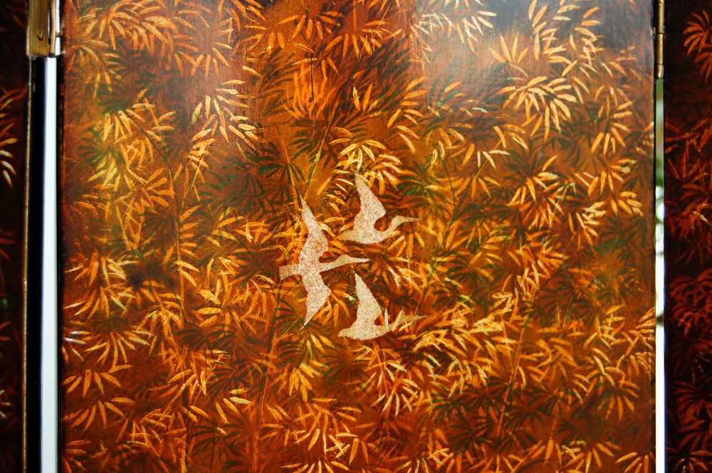 Parawan z laki, chiński obraz, pejzaż, laka, żurawie łodzie, vintage