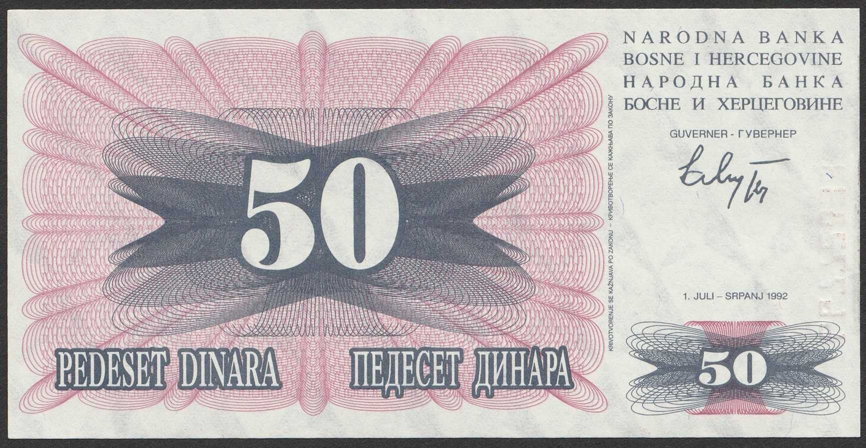Bośnia i Hercegowina 50 dinarów 1992 - - stan bankowy UNC