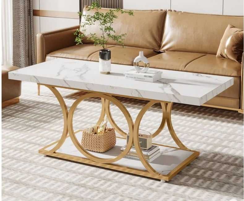 Stolik kawowy 120cm ława do salonu biały marmur złote nogi glamour