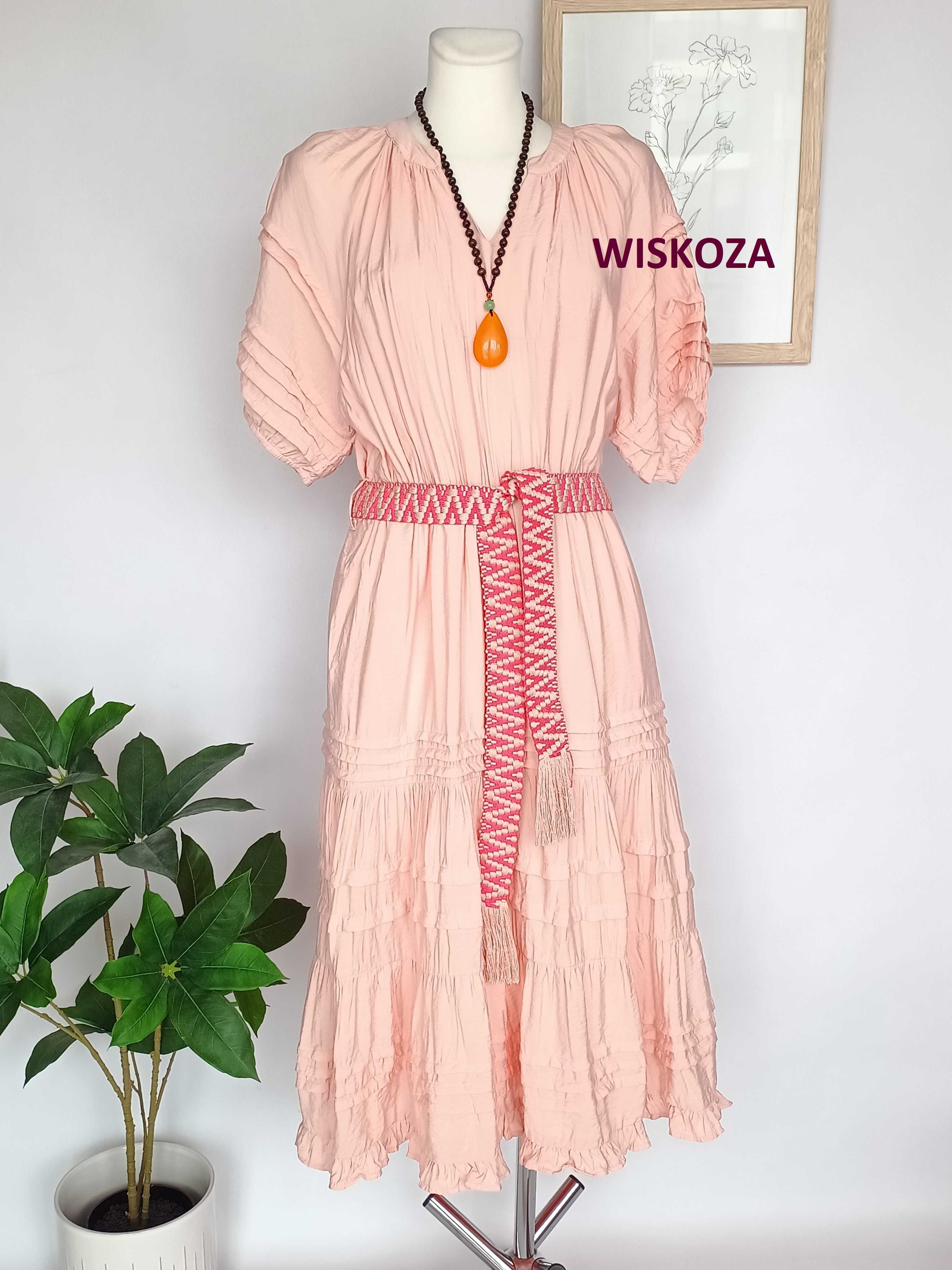 Różowa łososiowa sukienka midi bufiaste rękawy wiskoza Monsoon 40 L
