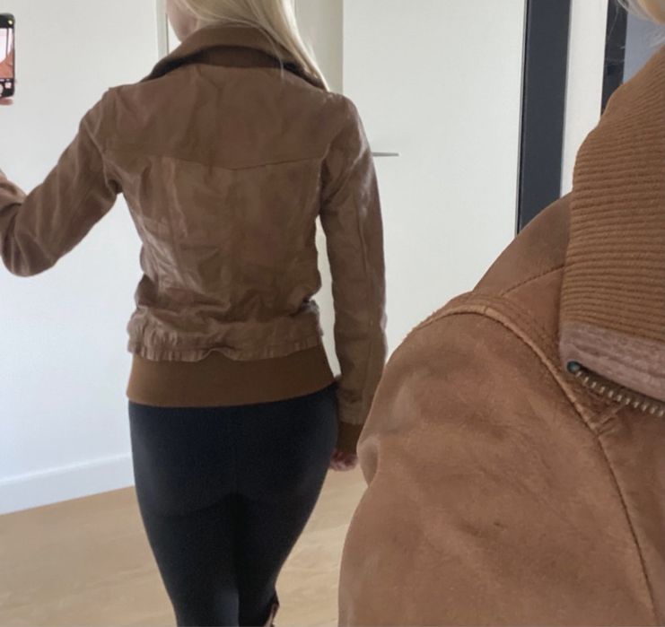 Kurtka jesienna brązowa, Skóra naturalna, pilotka, Stradivarius, XS