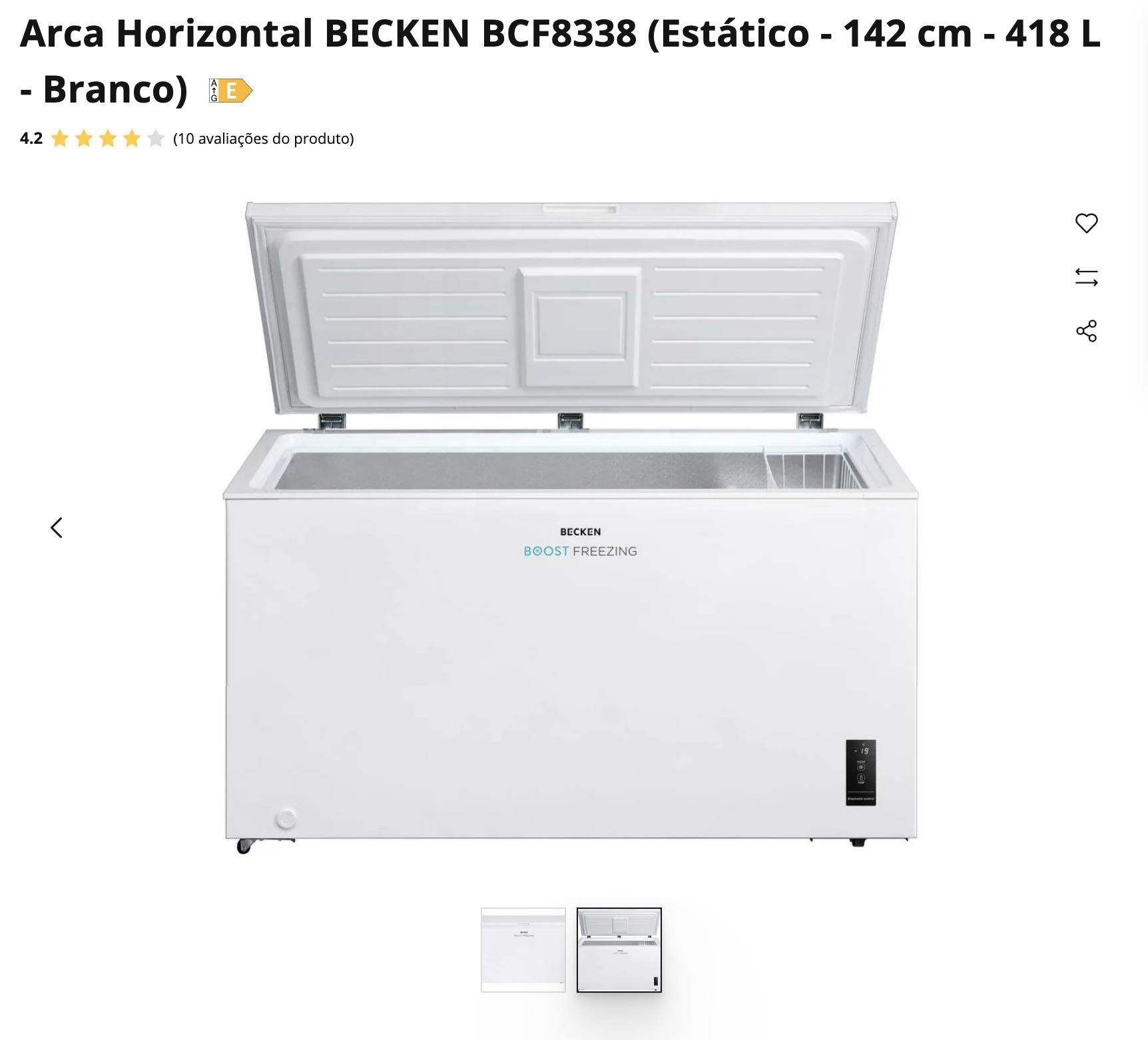 Arca Horizontal BECKEN BCF8338 (Estático - 142 cm - 418 L - Branco)