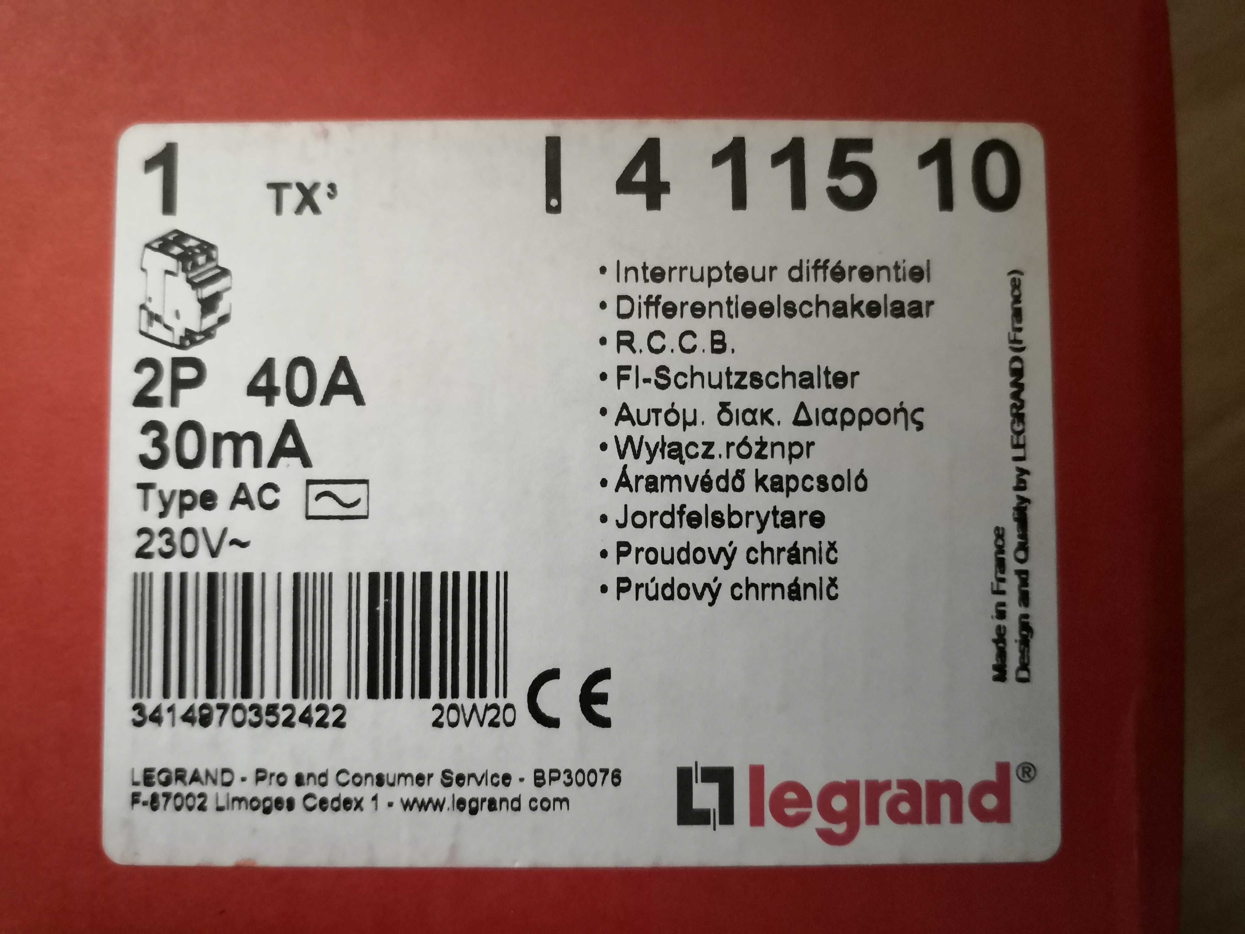 3 wyłączniki różnicowoprądowe Legrand  2P 40 A 0,03A