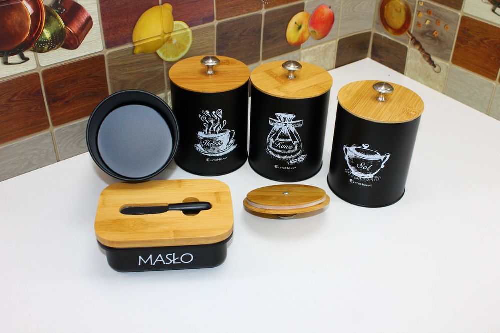 Pojemniki czarne puszki Kawa Herbata Cukier Sól z Maselniczką E6055