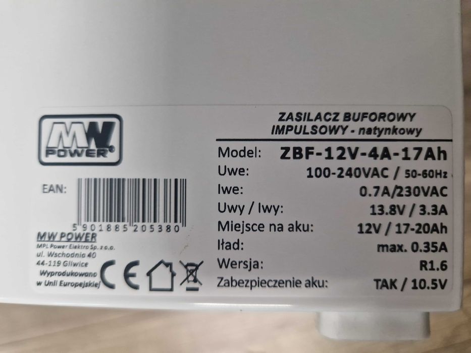 Zasilacz buforowy impulsowy - natynkowy  Model-ZBF-12V-4A-17AH