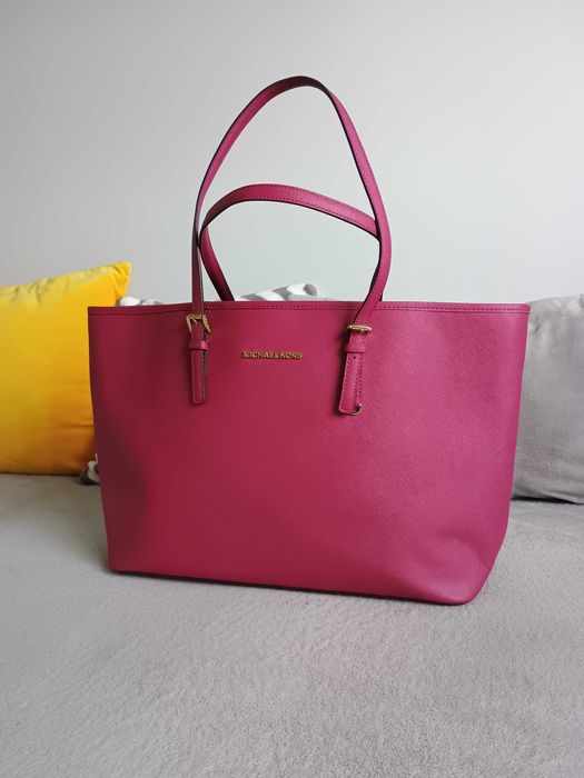 Oryginalna skórzana duża, pojemna torba shopper MK Michael Kors fuksja