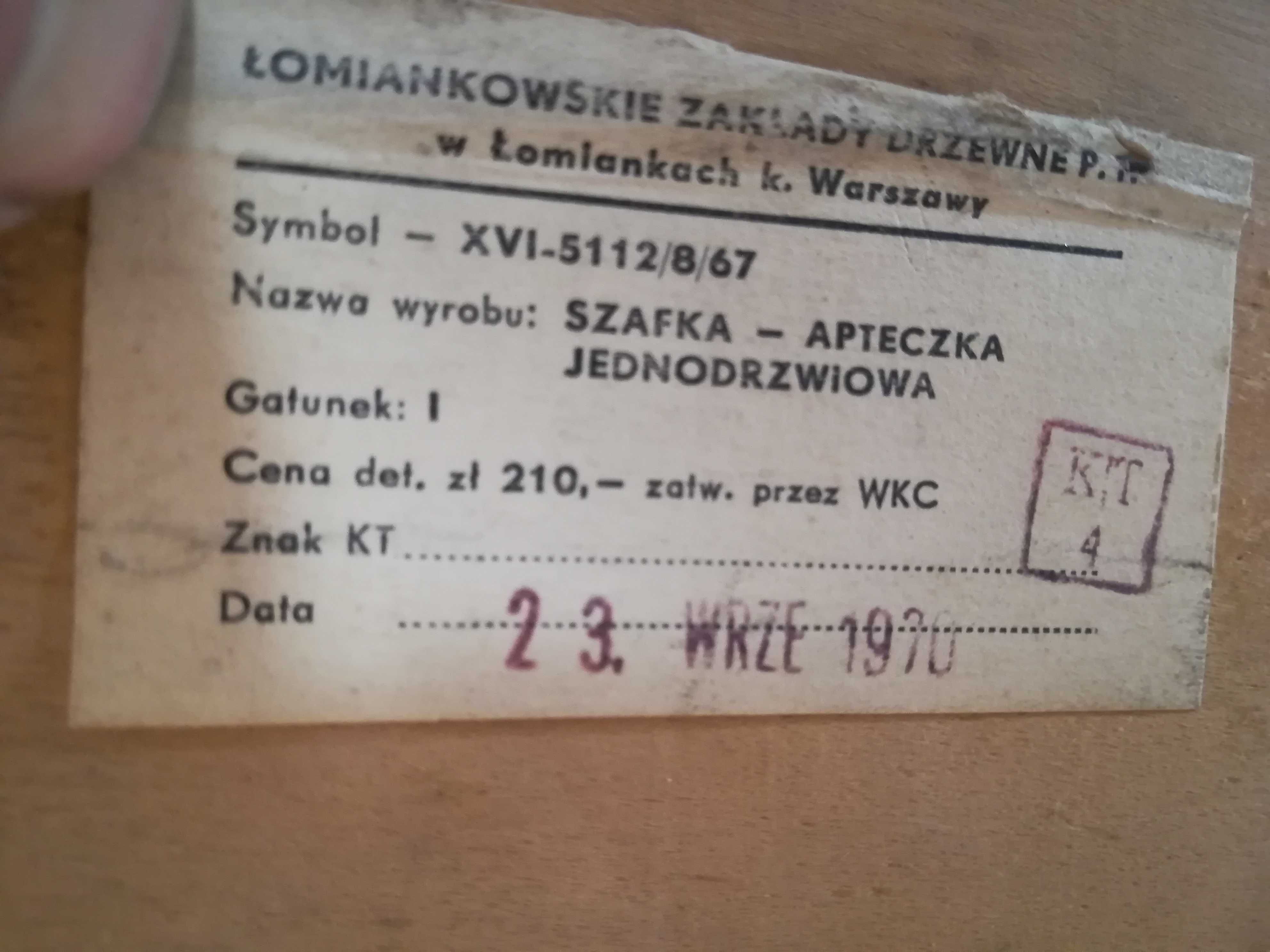 Drewniana szafka apteczka jednodrzwiowa medyczna
Łomianki PRL  1970 r.
