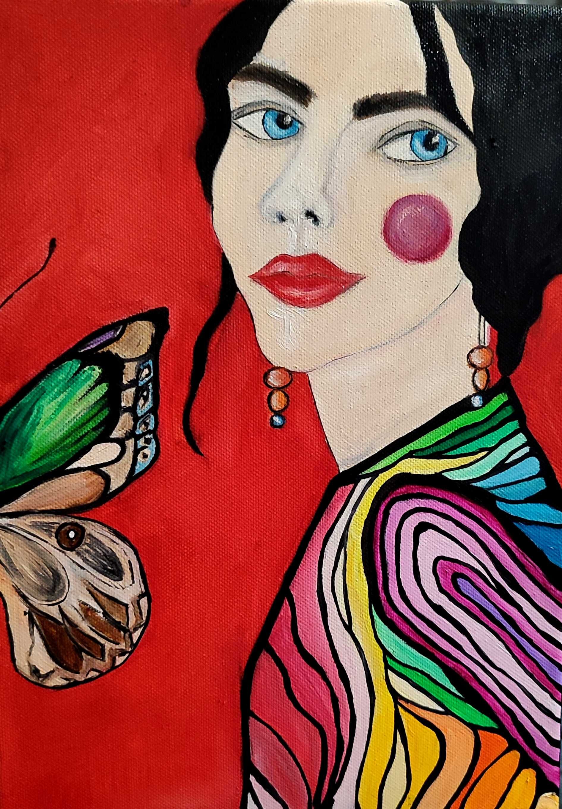 Kolorowy obraz olejny kobieta motyl