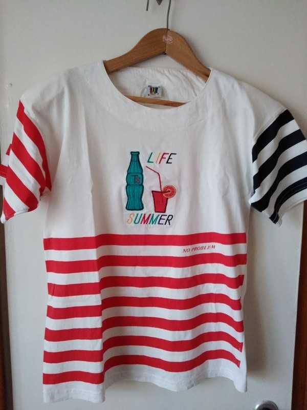 T-shirt, koszulka bluzka w paski z aplikacją napojów i paskami L/XL