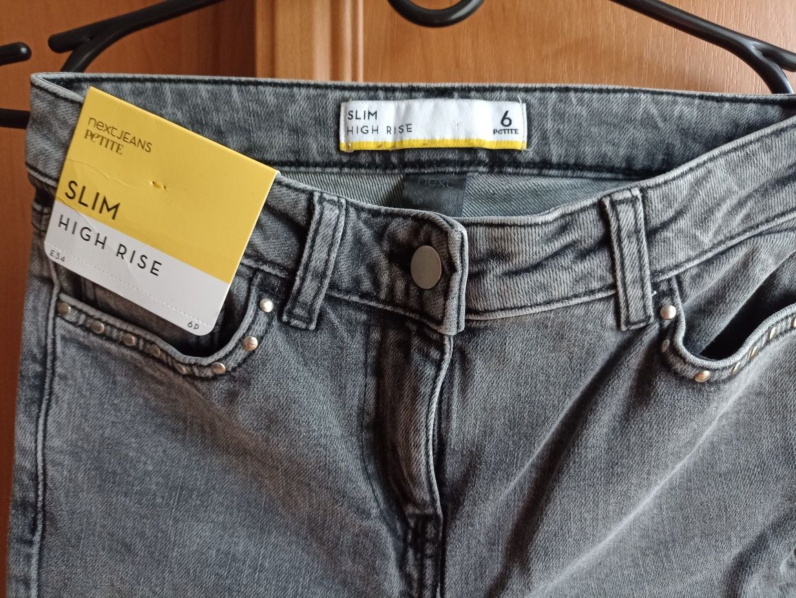 Szare jeansy spodnie jeansowe NEXT jeans Petite Slim High Rise rozmiar