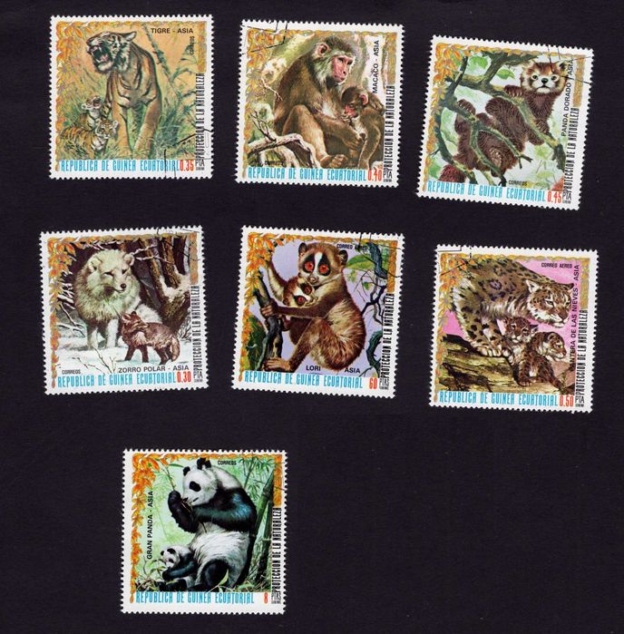 Znaczki 7 szt. Asian Animals Mi 938 - 944 Gwinea Równikowa 1976 CTO