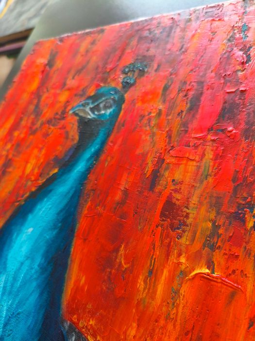 Obraz Olej Paw Czerwień 40x60 Impasto Abstrakcja Pióra Faktura