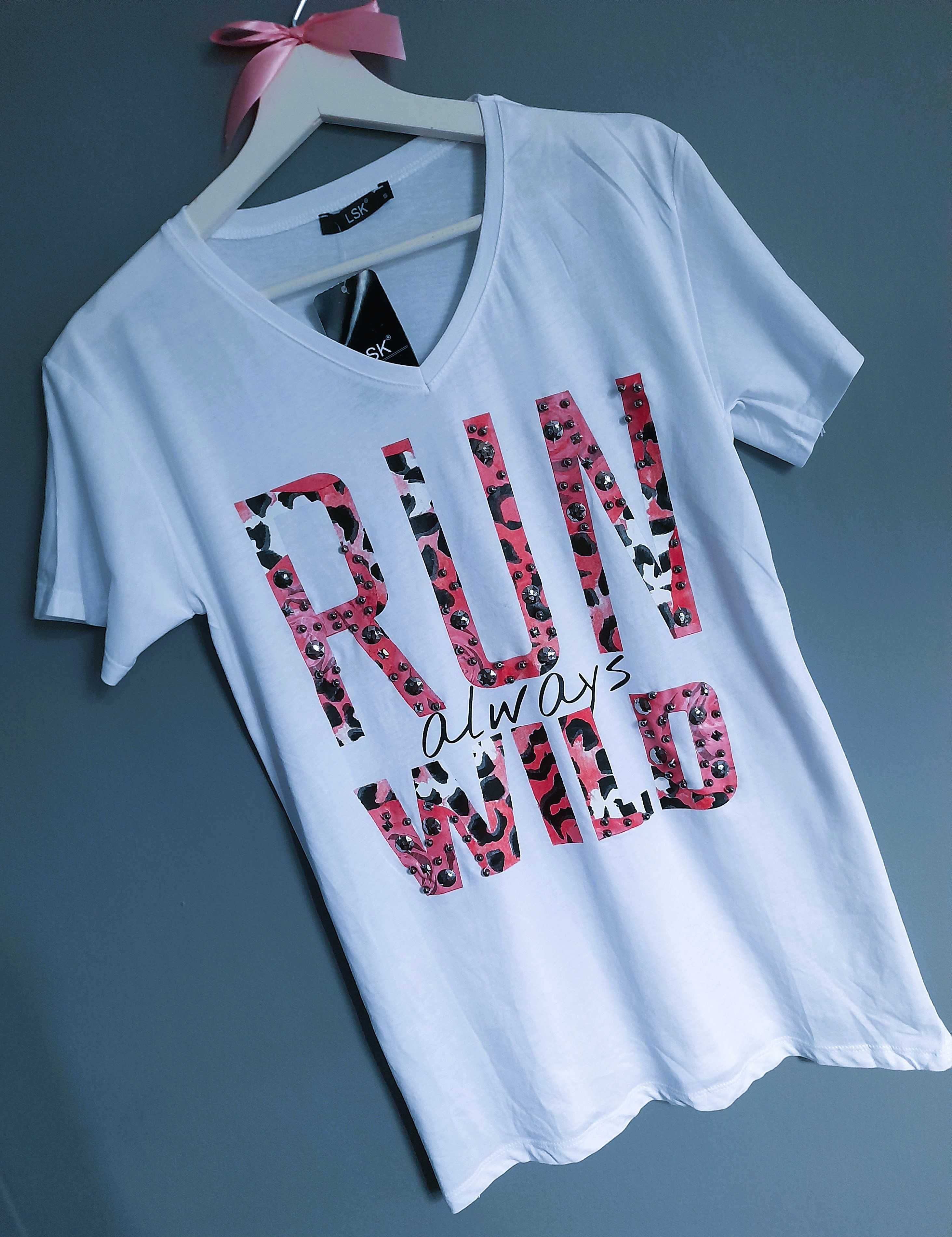 Biały t-shirt różowy napis panterka cyrkonie