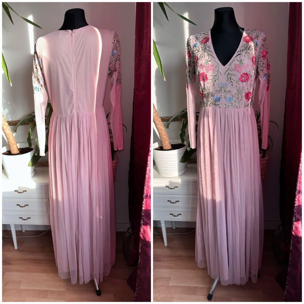 Lace & beads różowa tiulowa sukienka maxi L 40 XL 42