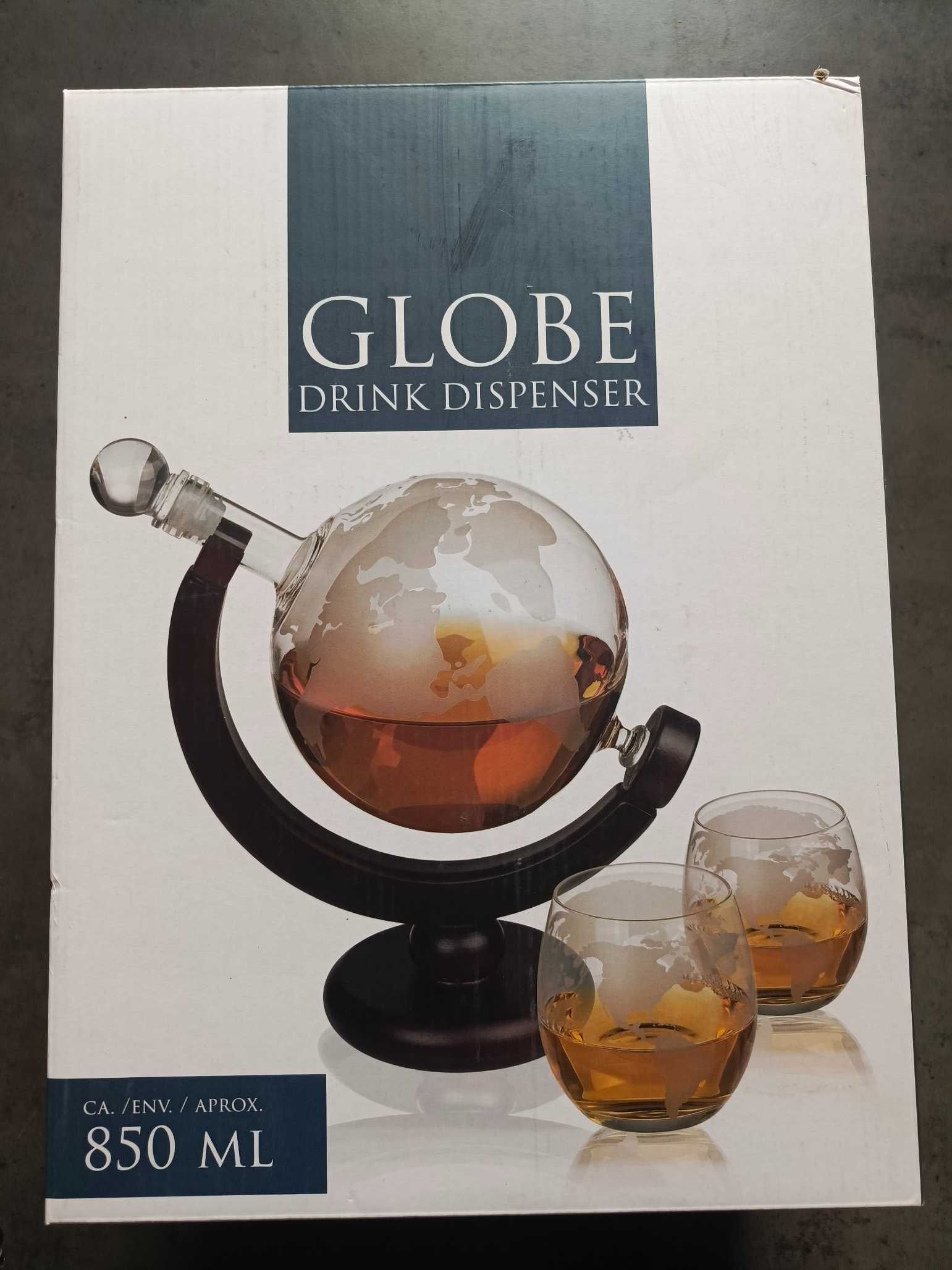 Karafka do whisky szklana w kształcie globusu 850ml + szklanki 2szt