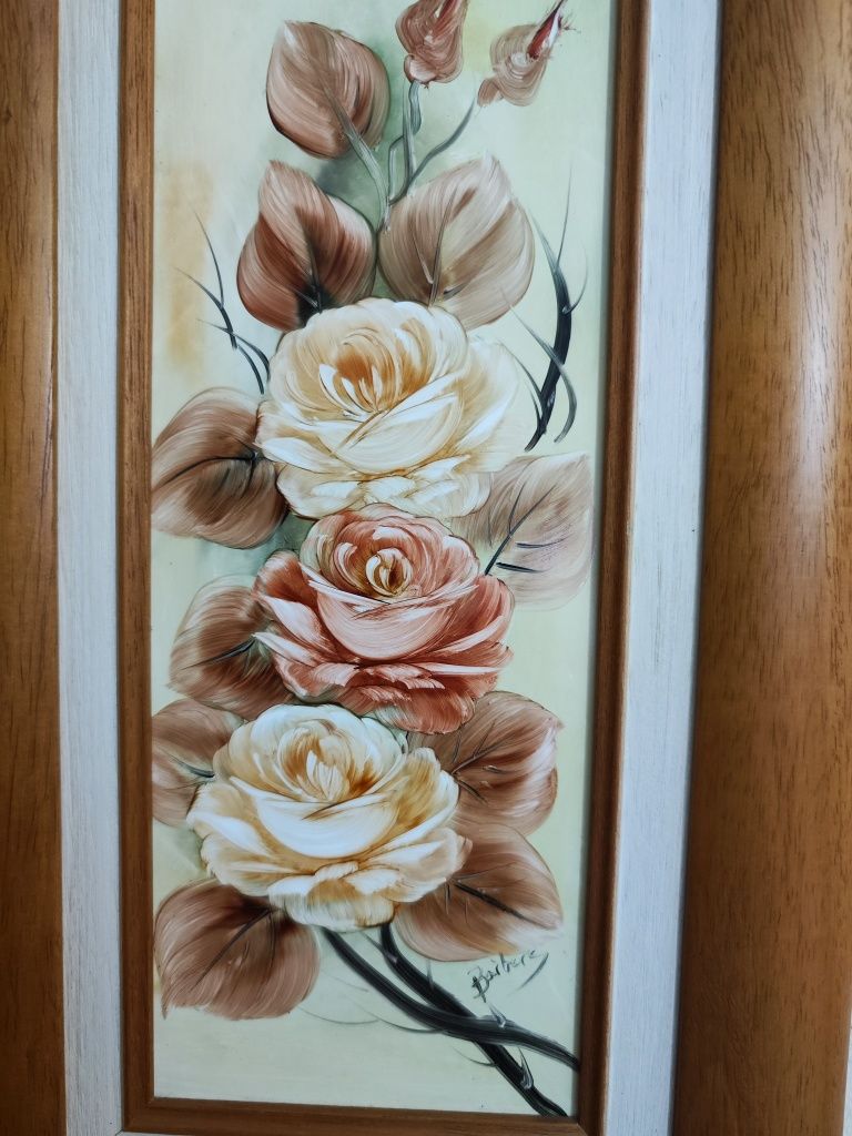 Quadro pintado com flores. Vintage