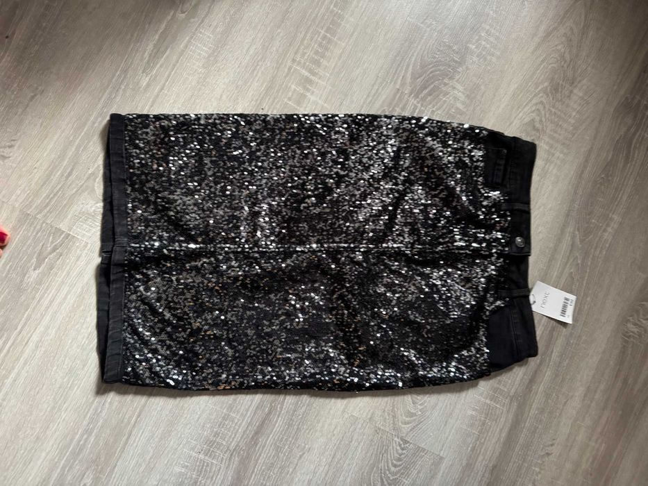 Jeansowa midi spódnica Next 10 38 M cekinowa metki jeans ołówkowa
