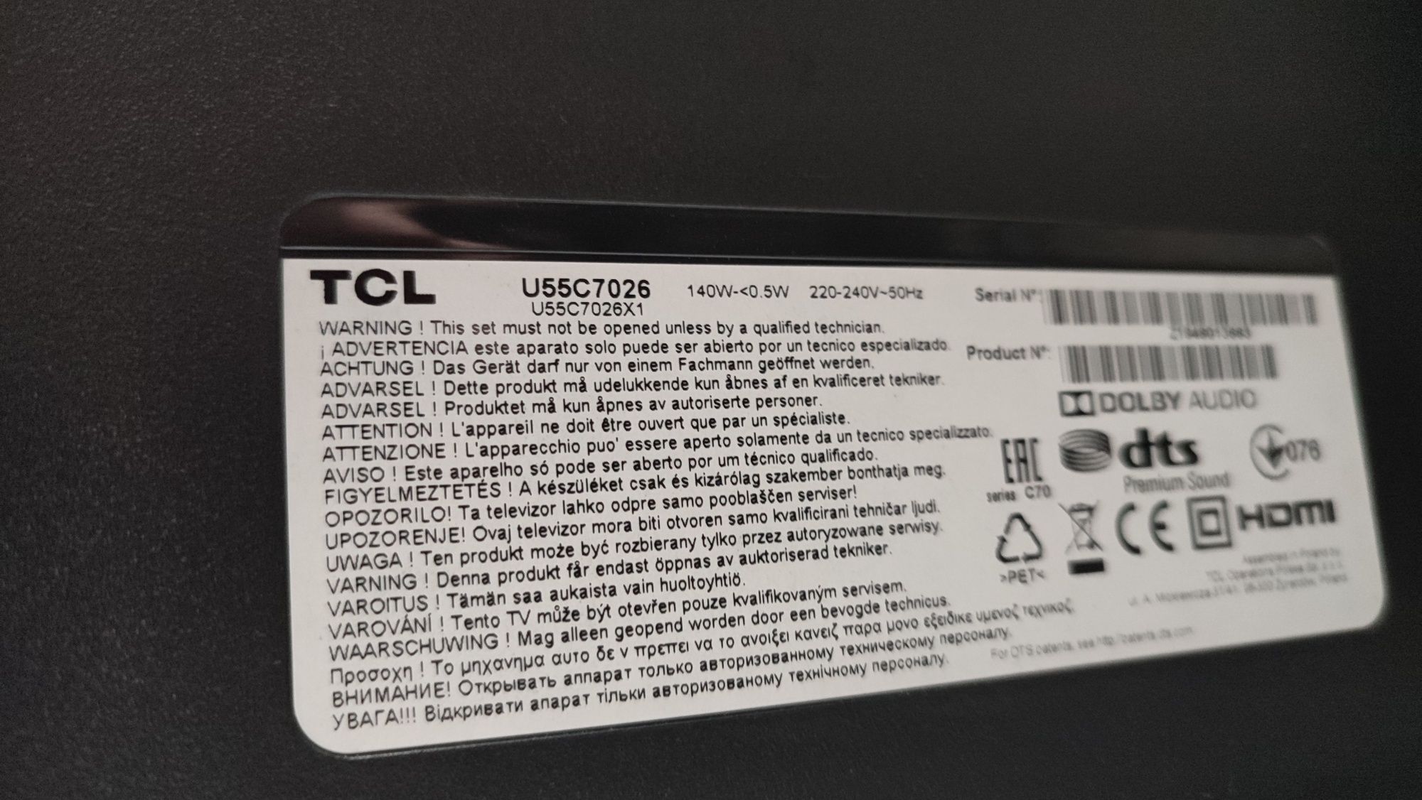 Telewizor TCL 55 cali, 4K, Android TV, U55C7026