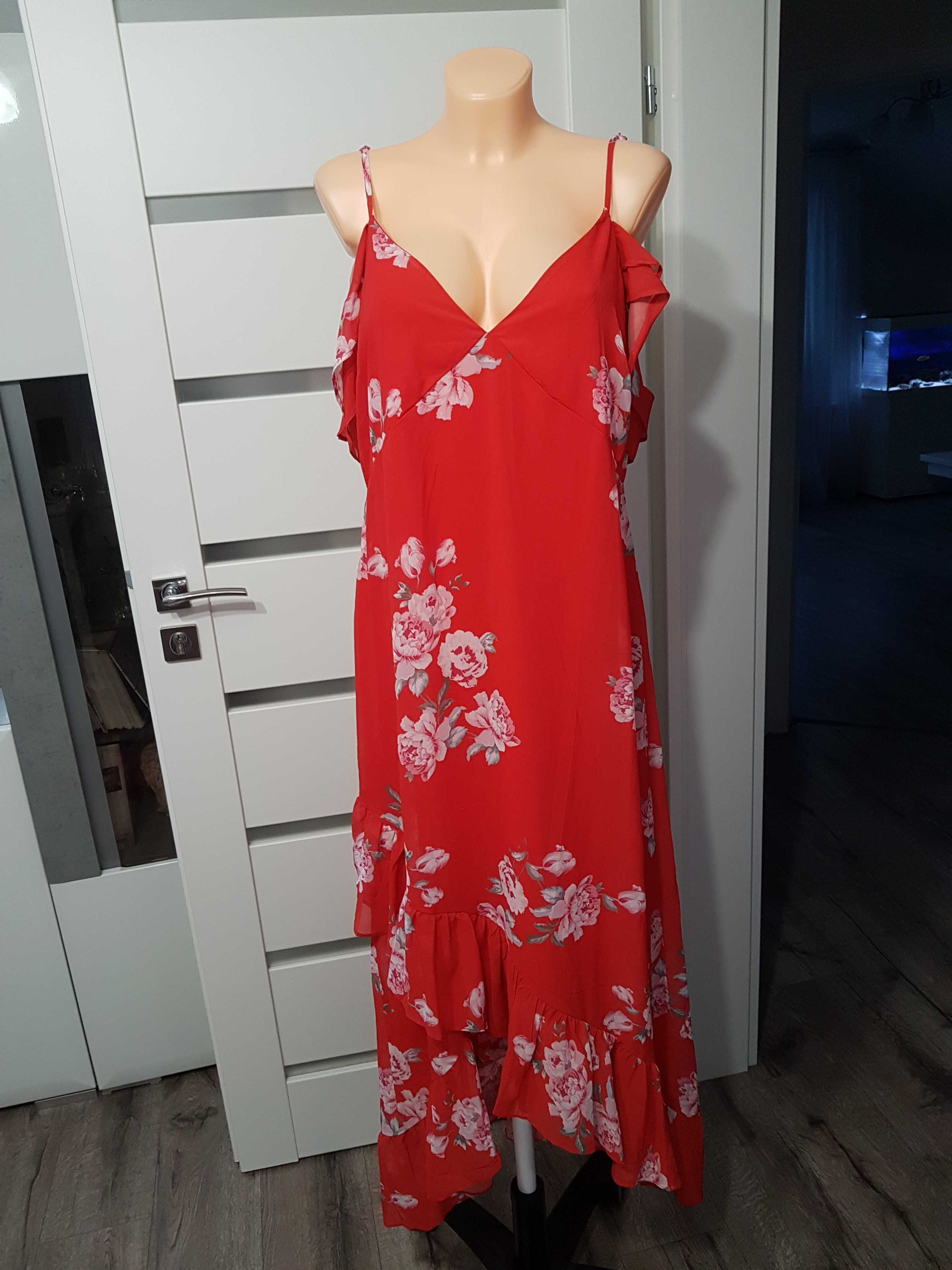 Nowa długa czerwona suknia w kwiatki hiszpanka rozmiar 44