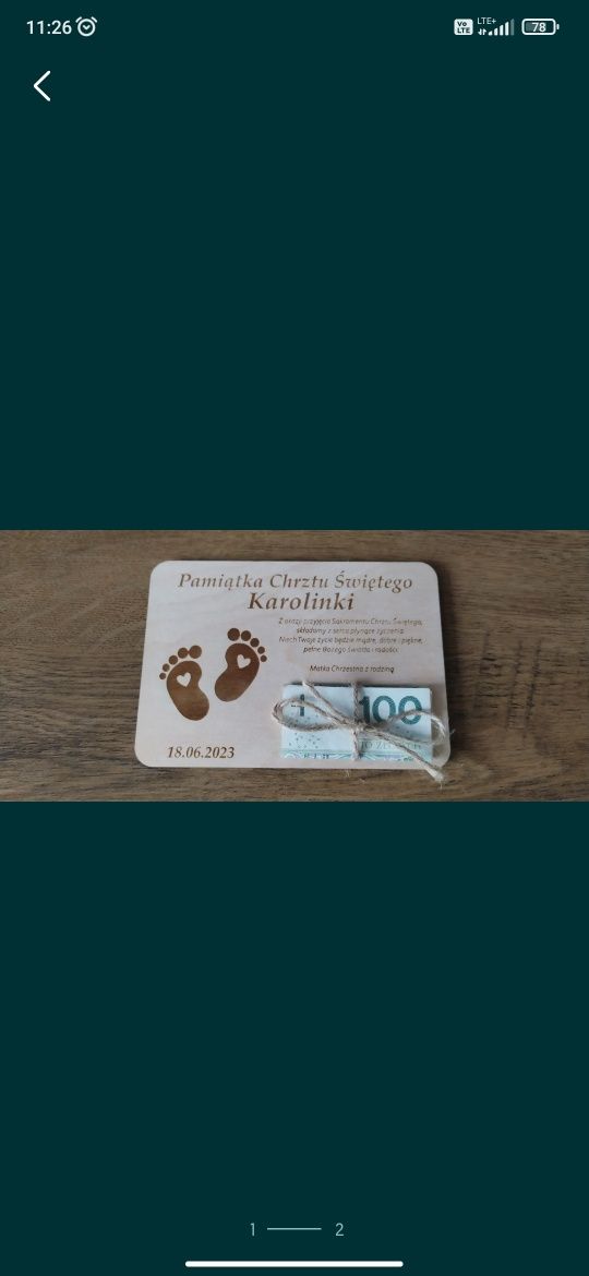 Kartka drewniana Chrzest Święty pamiątka Chrztu Świętego na pieniądze