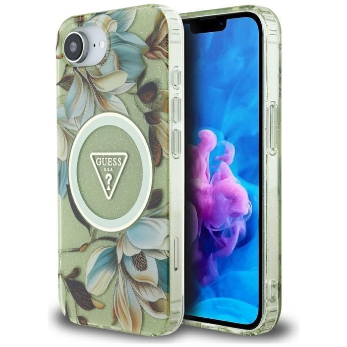 Etui GUESS IML Metal Glitter Flowers Triangle MagSafe do Iphone 16e