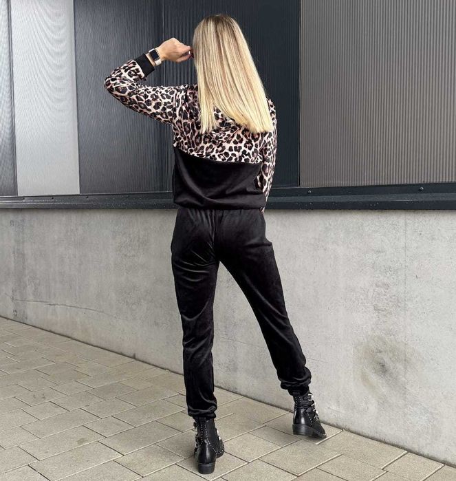 Dresy damskie welurowe w panterkę spodnie + bluza czarne r.L wys.24h