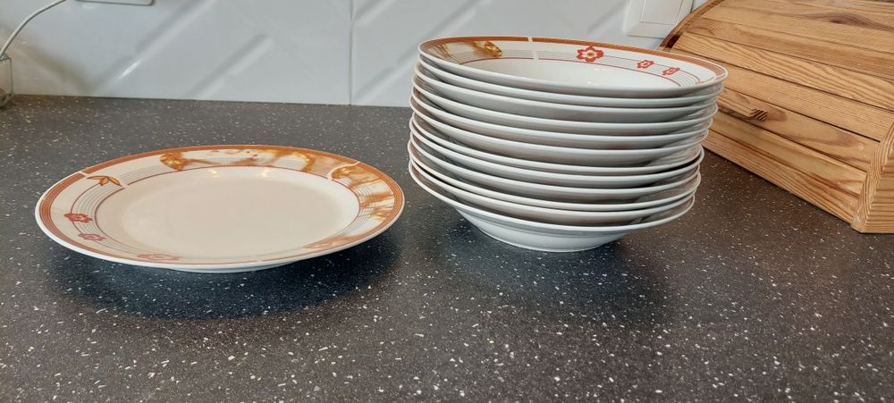 1 duży talerz + 12 głębokich talerzy / kwiaty / liście