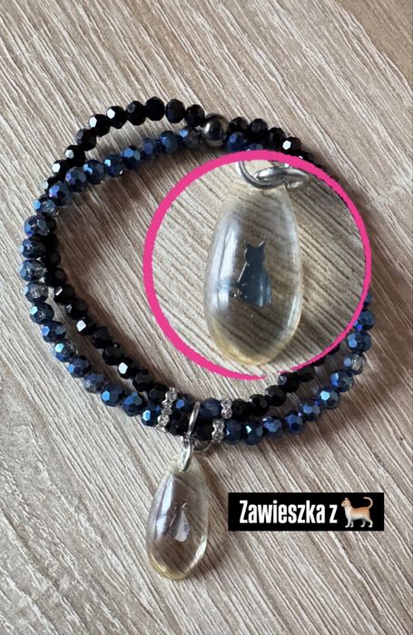 NOWA bransoletka granatowo - czarna z zawieszką z kotem / kotkiem