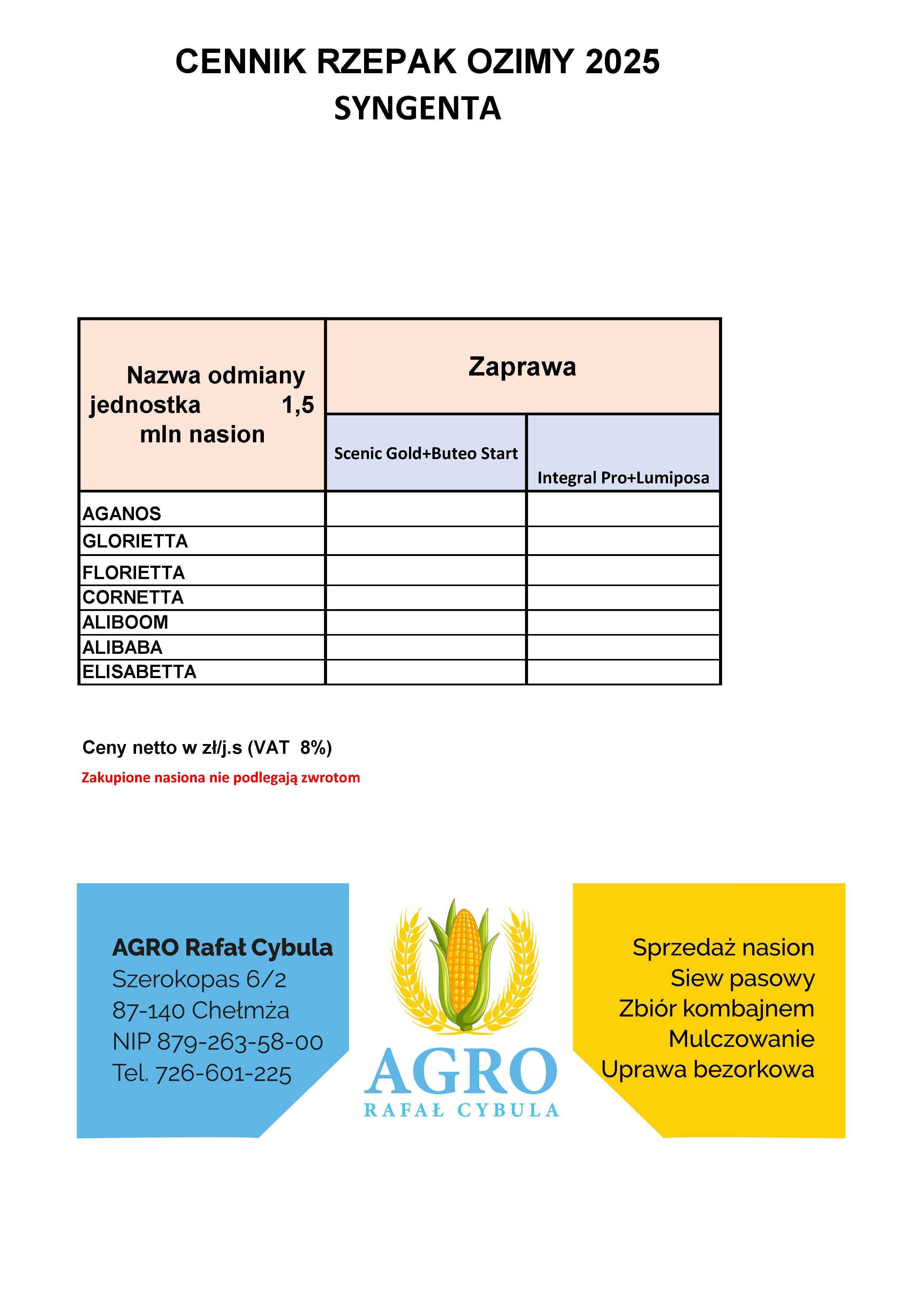 Nasiona rzepaku Rapool, KWS, Basf, Bayer, LG, IGP