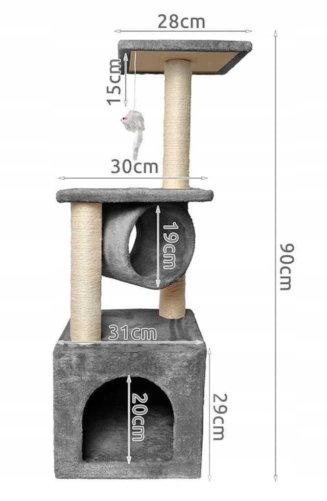 NOWY Duży Stabilny Drapak dla Kota Wieża 3 Pietrowa Wysokość 90cm