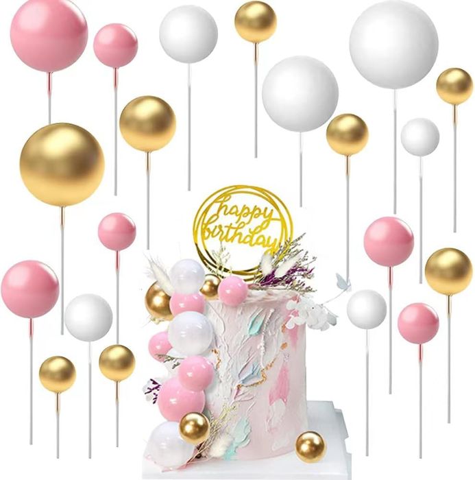 58 Kolorowych Kuleczek Toppery do Dekoracji Tortów Różowe Złote Białe