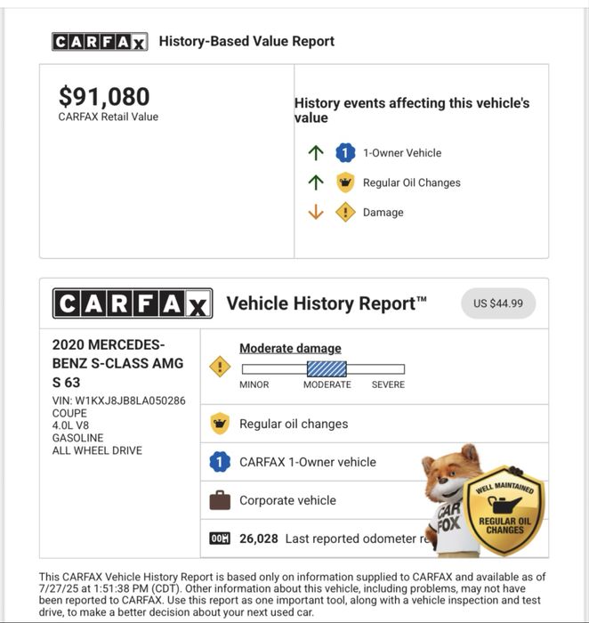 Carfax raport dla samochodu z USA/Kanady