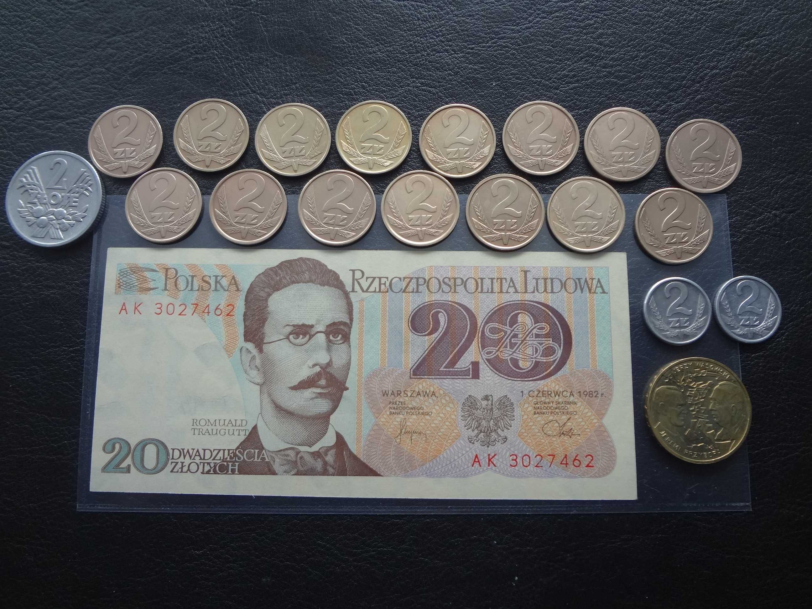 Komplet monet 2 zł. z lat 1974 r. - 1990 r.plus banknot 20 zł.