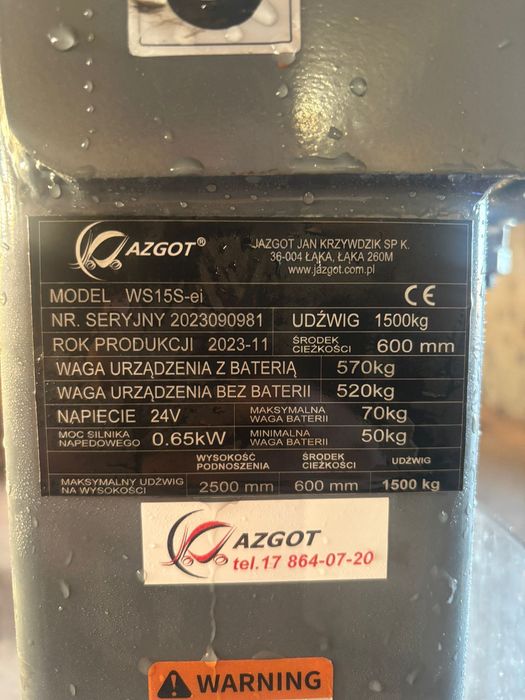 Sztaplarka elektryczna, Udźwig 1500 kg, kupiony rok temu, Okazja !!!