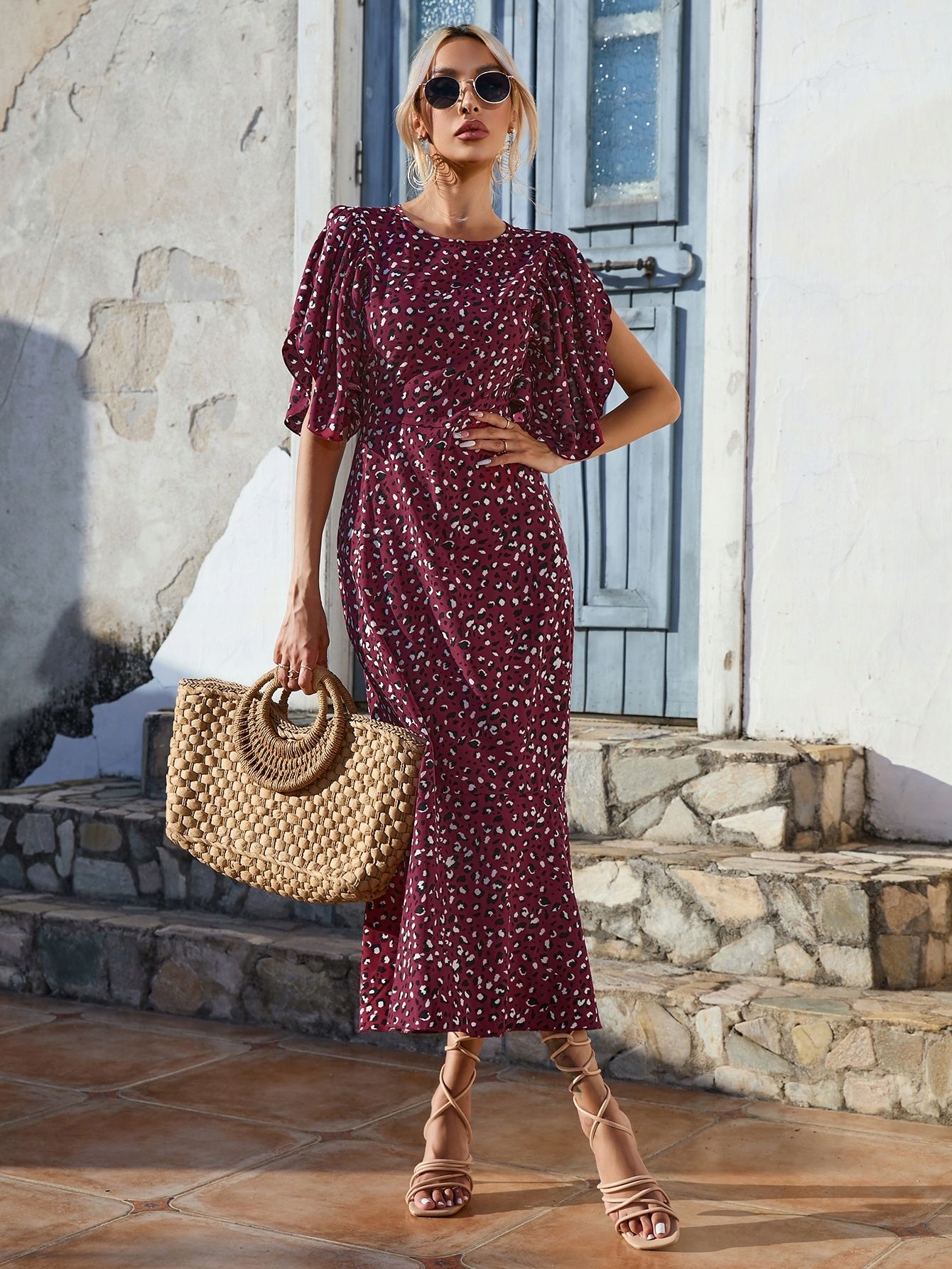 Sukienka W Panterkę Syrena Z Falbankami Burgundowa Casual Maxi Shein S