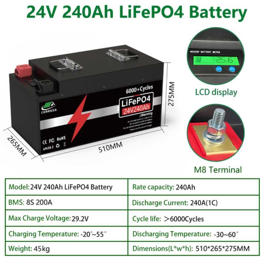 24V 240Ah LiFePO4 Battery 5.7KW 6000+ BMS (Літій-залізо-фосфатний)