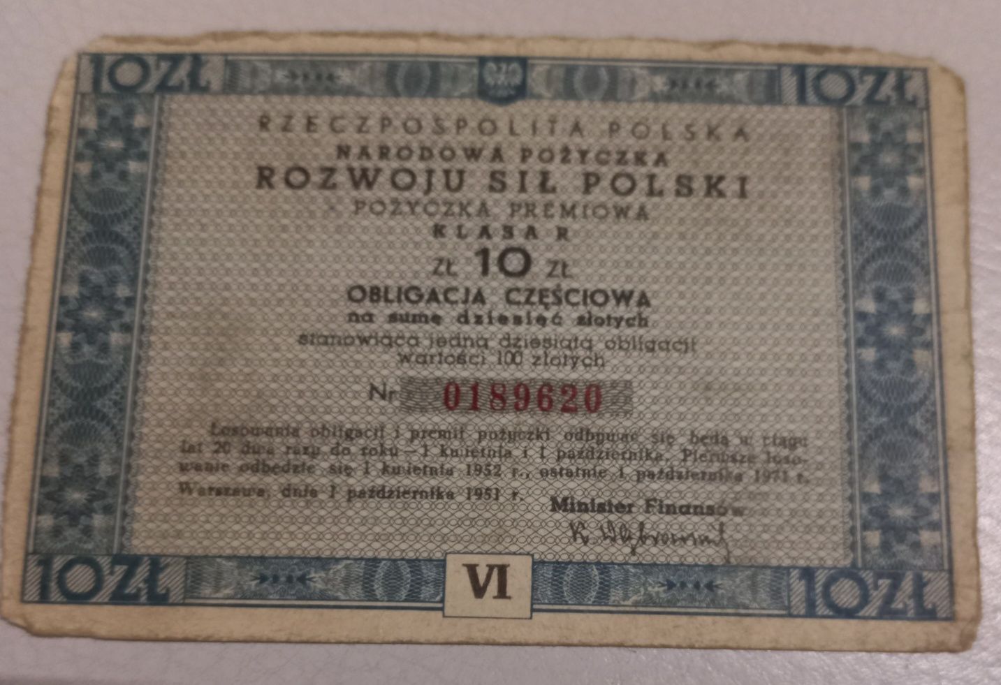 10 zł obligacja częściowa 1951 r.