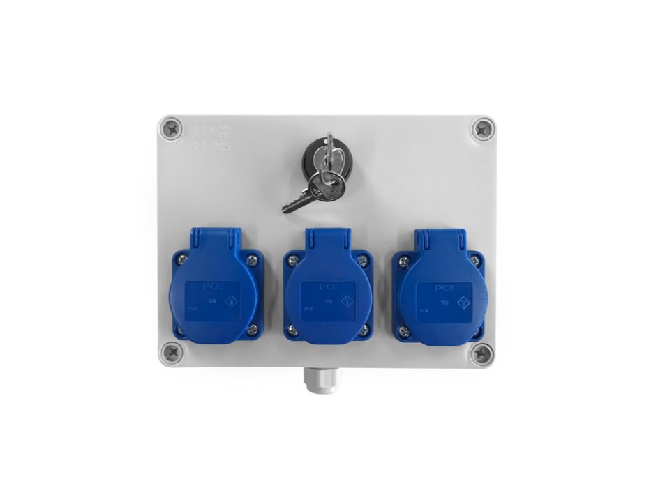 Rozdzielnica elektryczna z wyłącznikiem na klucz, gniazda 3x16A 230V