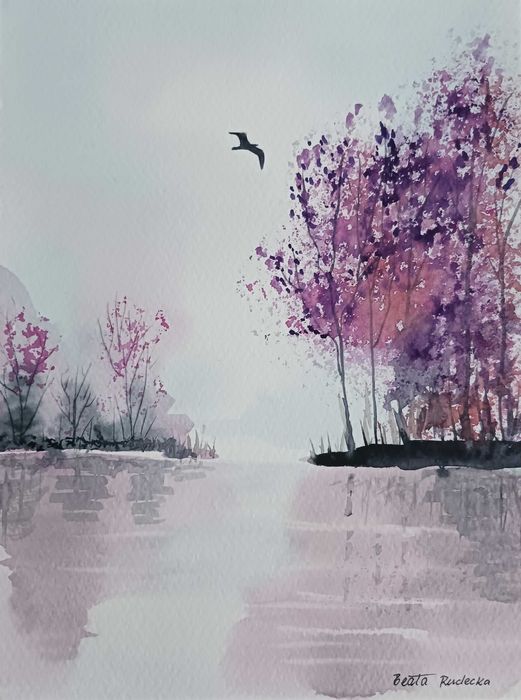 Akwarela Akwarelka Obraz pt. Nad Wodą 18 x 24 cm