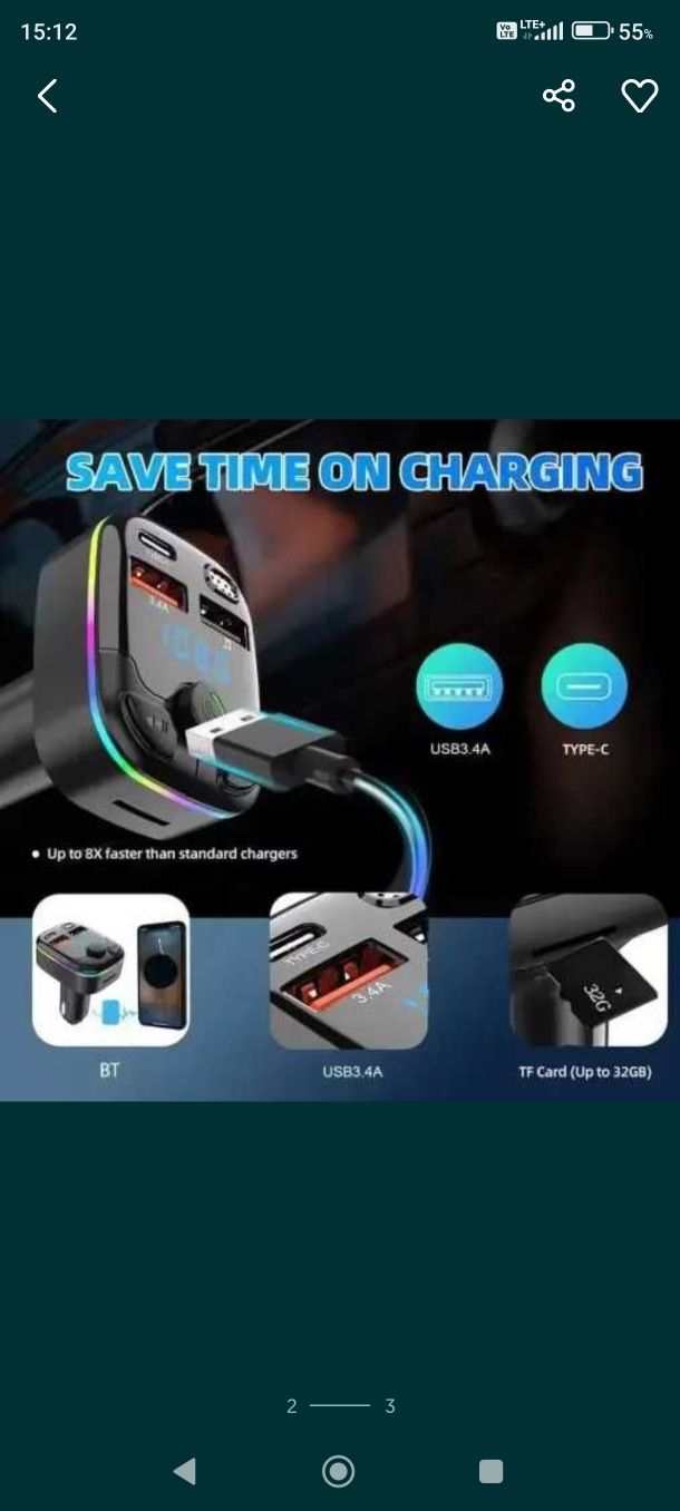 Transmiter samochodowy FM, bluetooth, 2xUSB, 1x USB-C