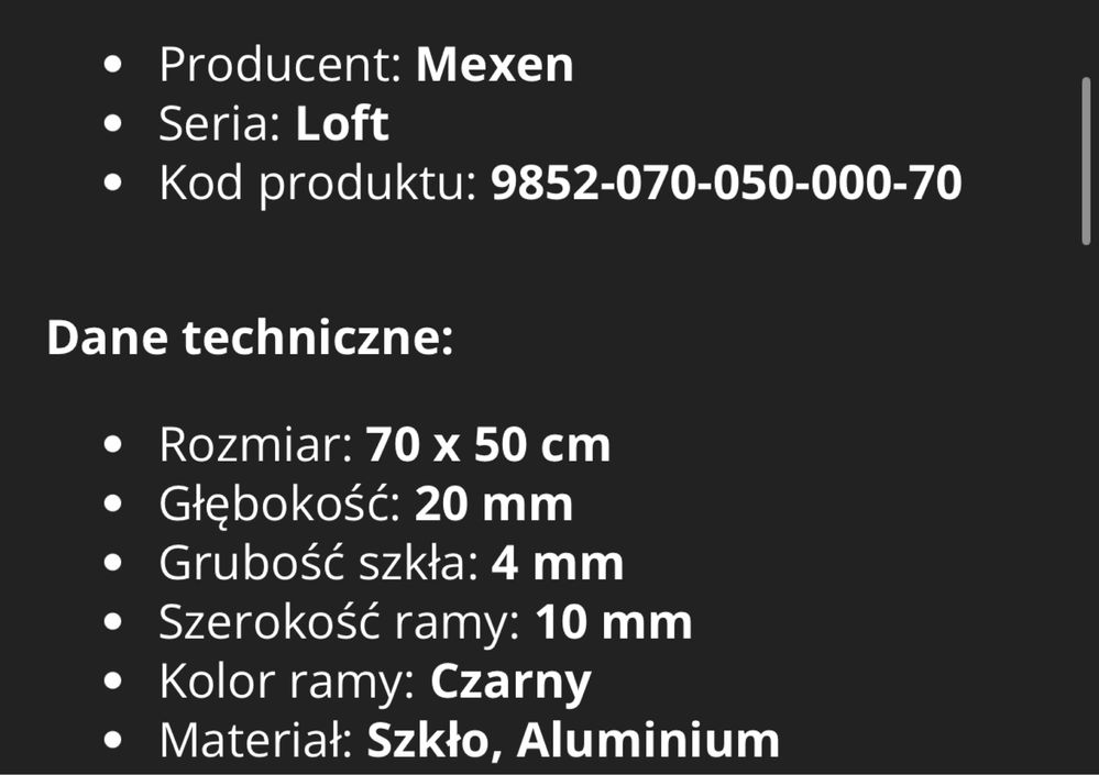 Lustro lazienkowe 50x70 rama czarna Mexen