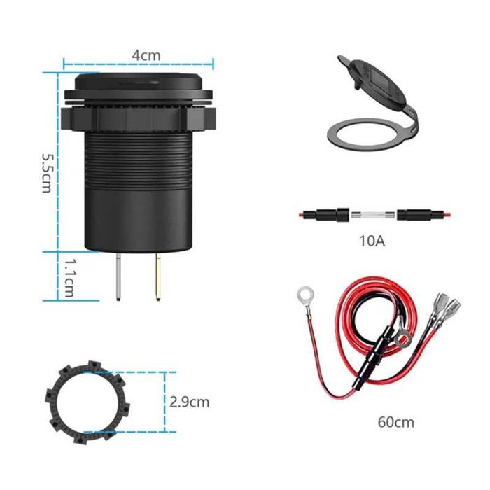Entrada carregamento rápido USB QC3.0 duplo rosca e tampa