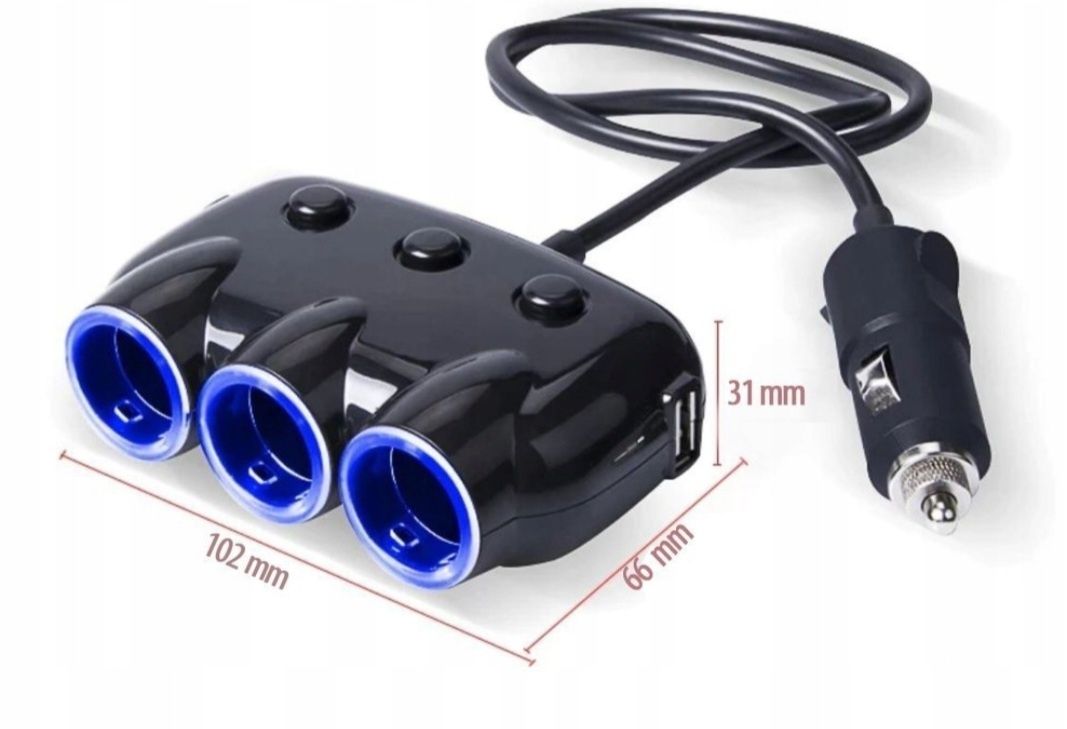 NOWY | Rozgałęziacz gniazda zapalniczki | 3x + włączniki | 2xUSB 3.1A|