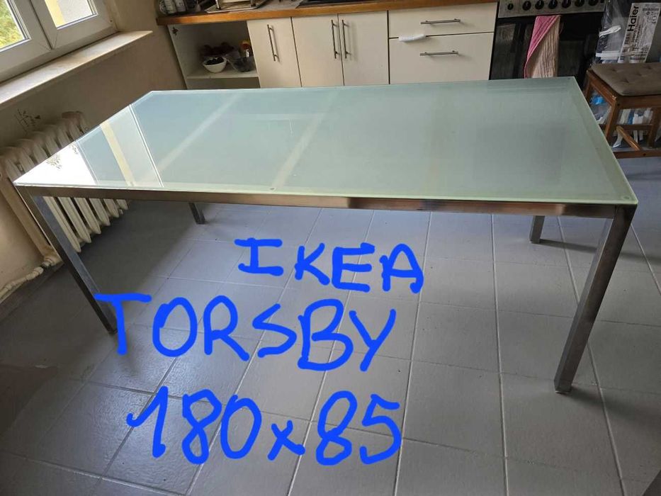 stół Torsby z Ikea, stal chromowana-szkło, 180x85, rozłożony