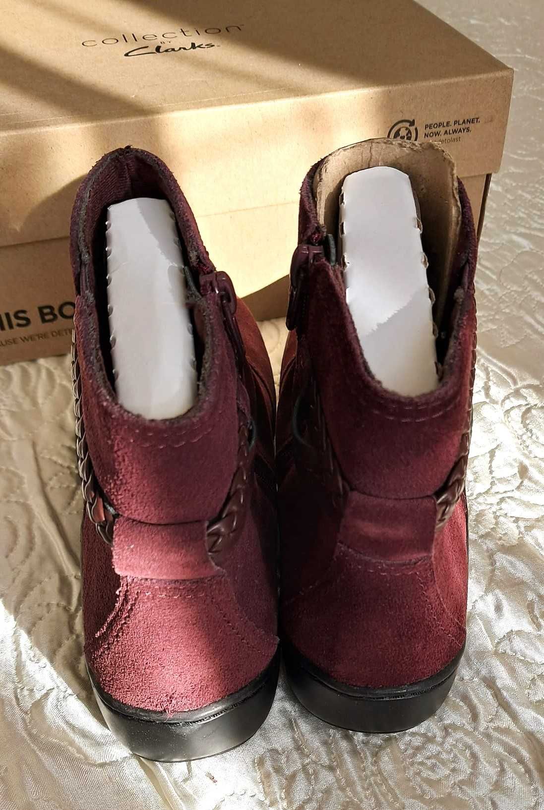 Bordowe burgundowe skórzane zamszowe botki Clarks r. 39,5 nowe