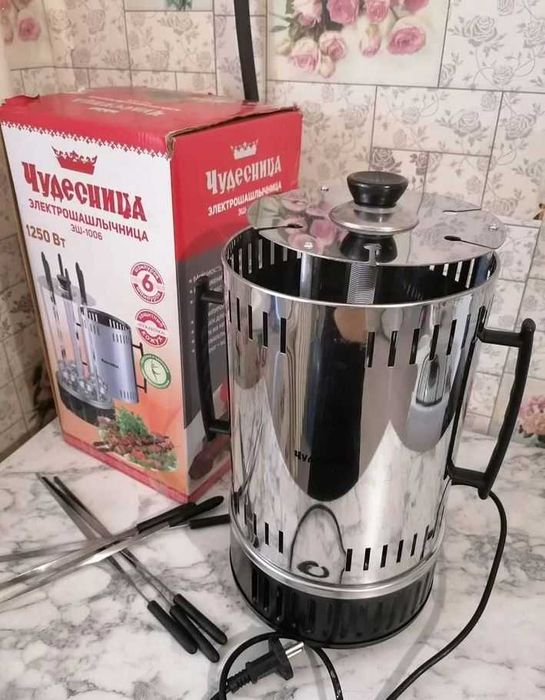 Електрошашличниця нержавійка 6 шампурів тен скляний потужня шашличниця